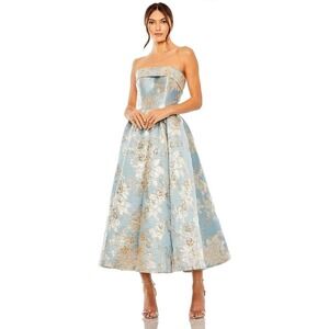 Mac Duggal 20726 Strapless Floral Brocade Tea-Length Gown Blue Gold Metallic 4